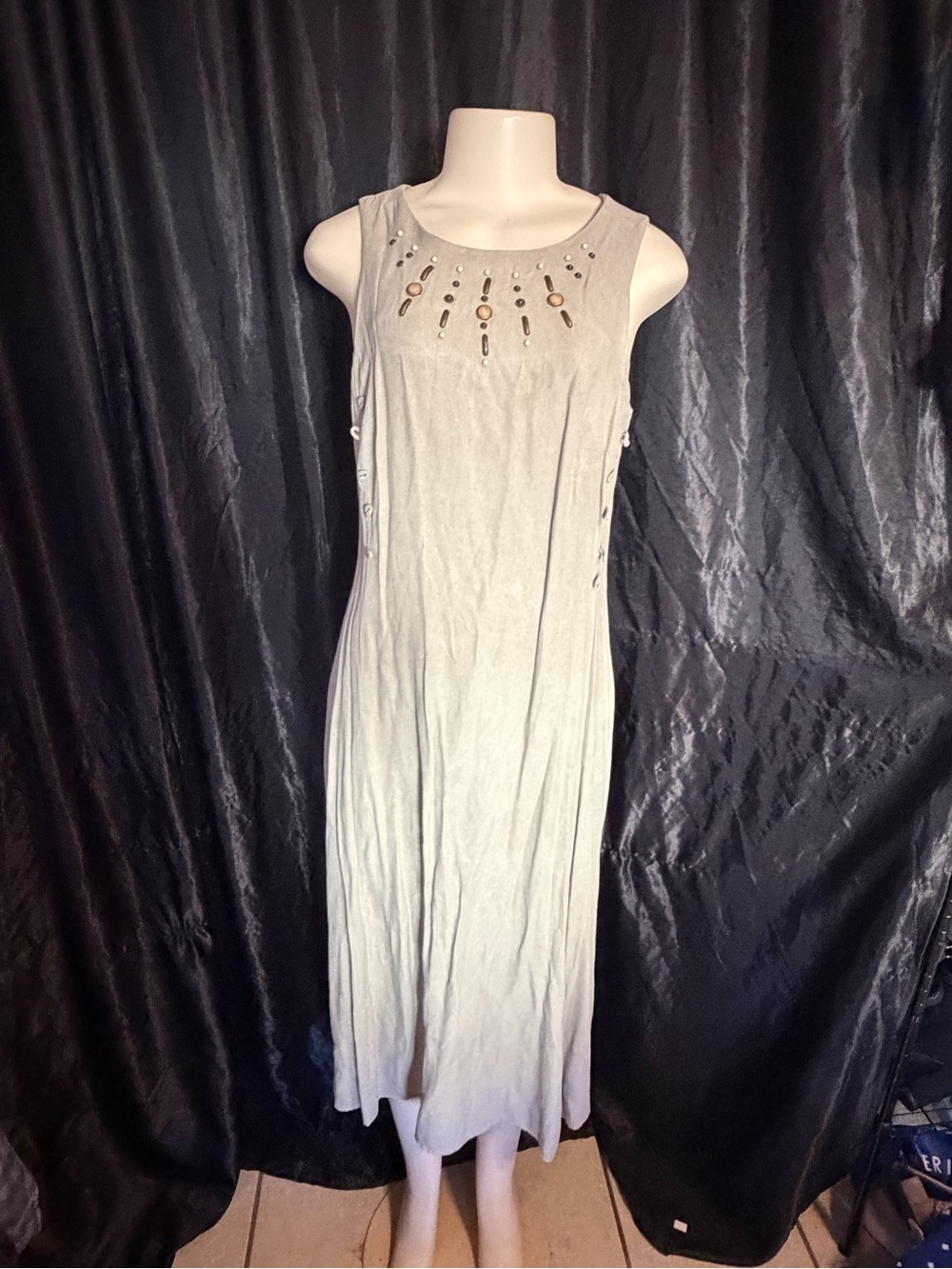 Sleeveless vintage 90s Light Gray Maxi Dress with Embellished Scoop Neck